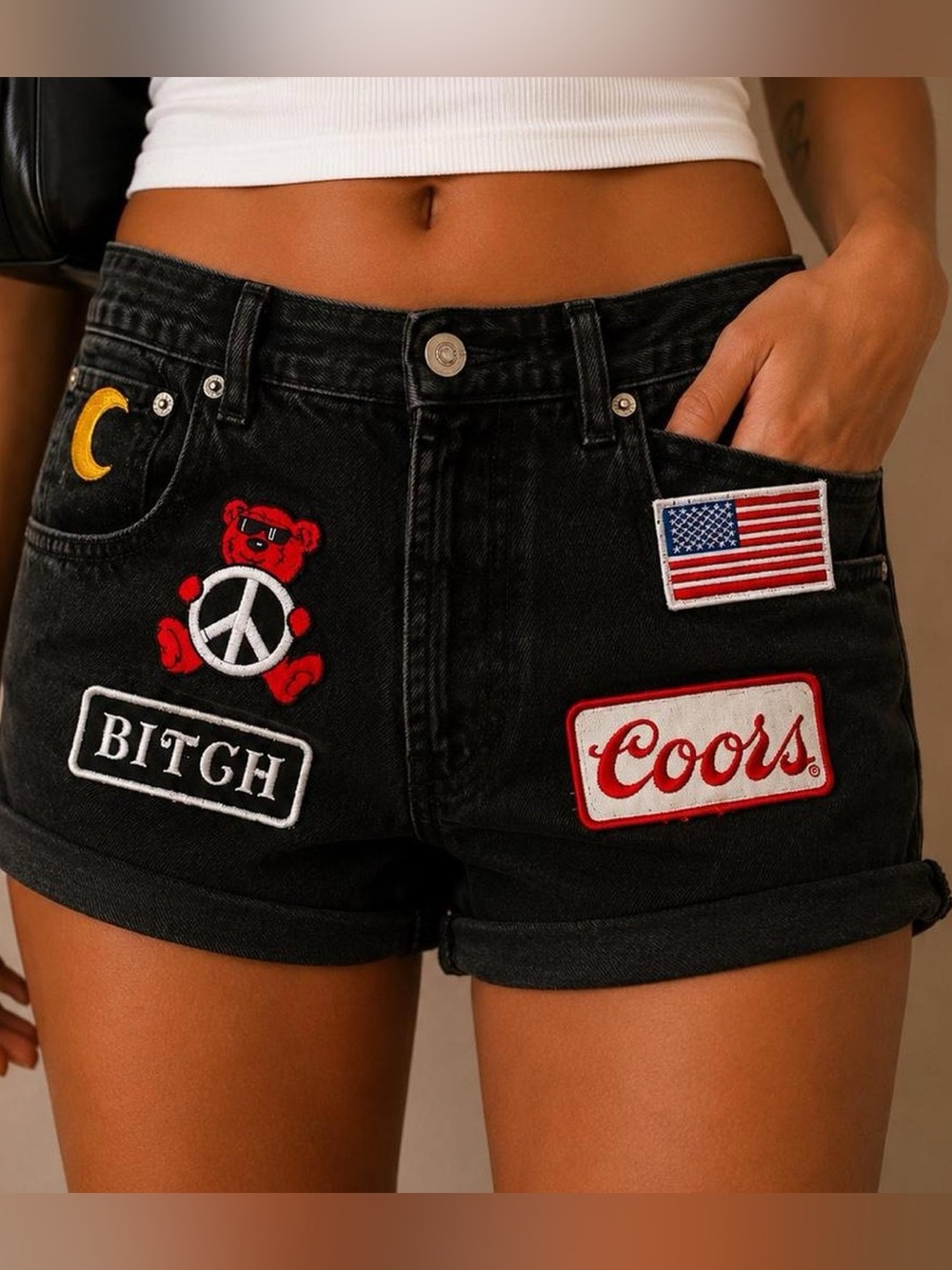 VintageBlack Patchwork Denim Shorts